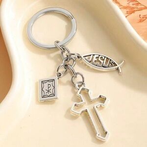 Hollow Out Jesus Cross Charm Keychain Silver Plated Holy Bible Spiritual
